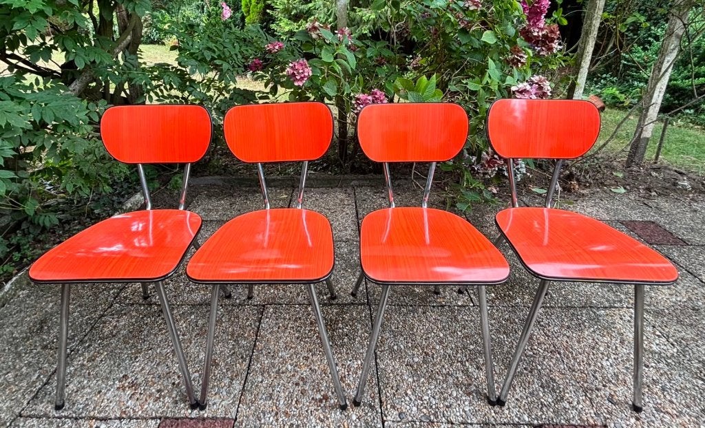 Vintage Formica Retro Oranje Rode Eetkamerstoelen, Ophalen, Huis en Inrichting