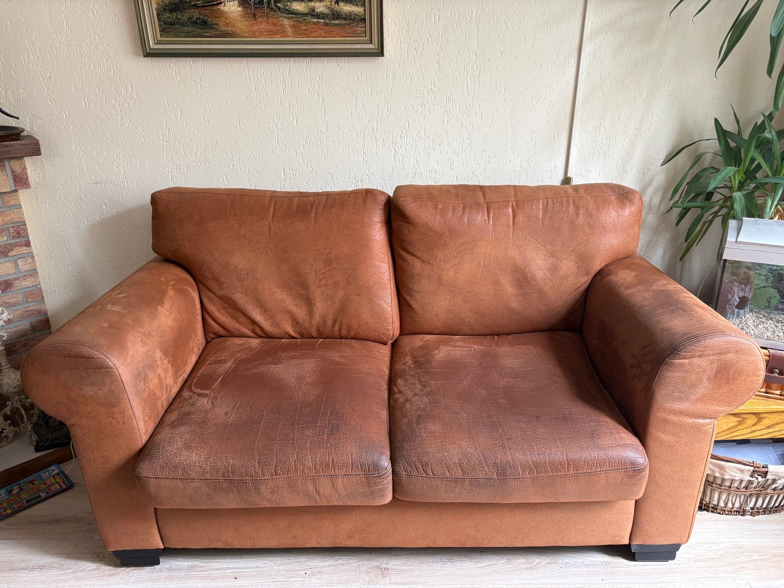 Comfortabele tweepersoonsbank van bruin leer, Ophalen, Gebruikt, 150 tot 200 cm, Tweepersoons