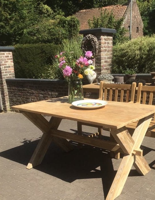 Teakhouten tuintafel tafel met kruispoot  onderstel 140 cm, Ophalen, Gebruikt, 100 tot 150 cm, Teakhout