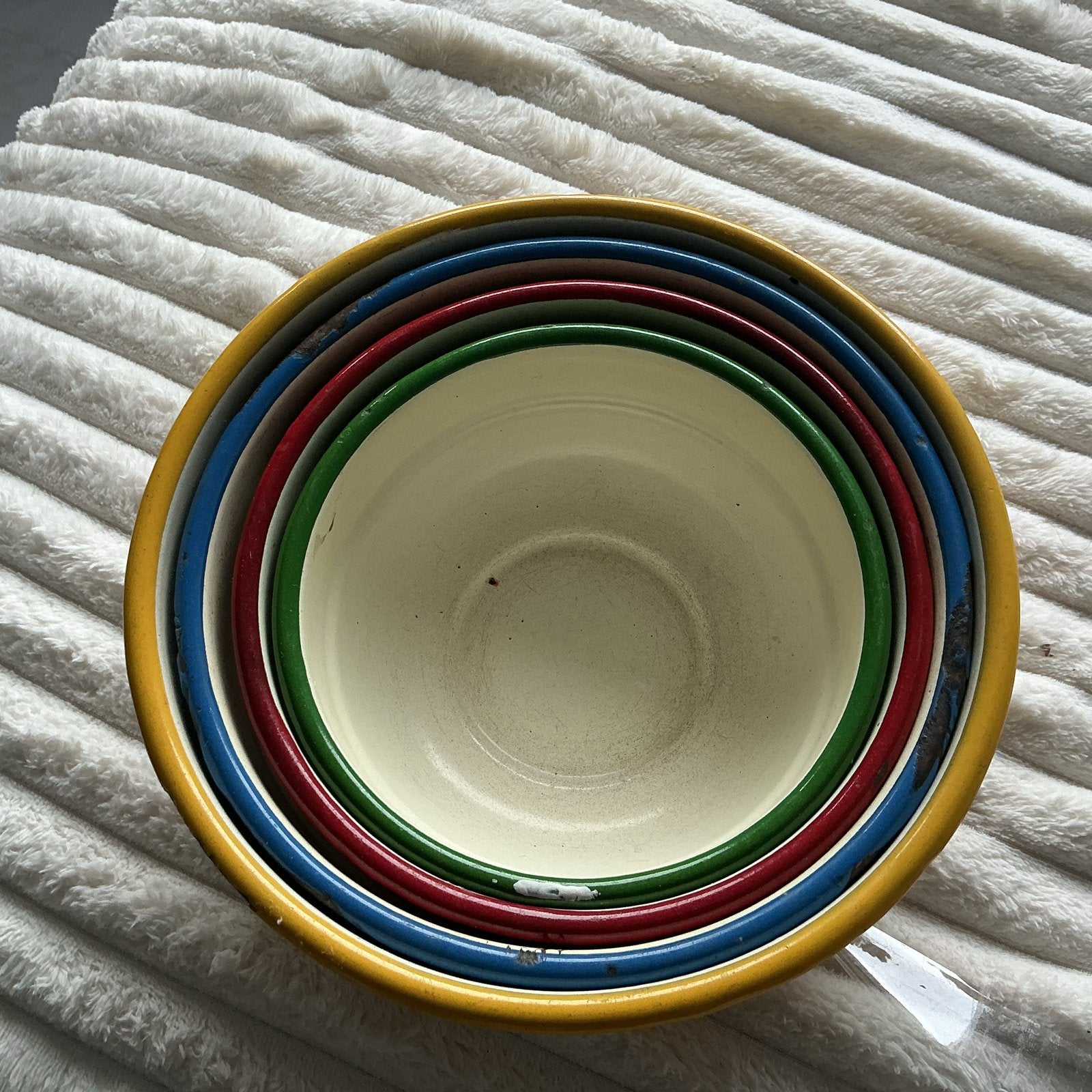 Set van 4 vintage emaille kommen - Geel, Blauw, Rood, Groen, Ophalen of Verzenden