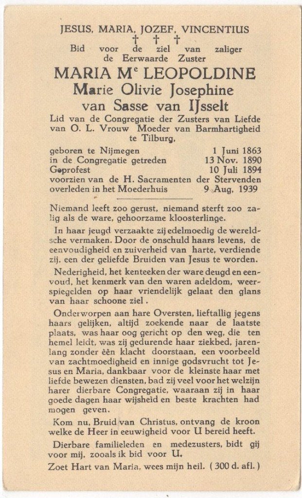 zr. Marie van Sasse van IJsselt 1863 Nijmegen + 1939 Tilburg, Verzamelen, Bidprentjes en Rouwkaarten, Verzenden