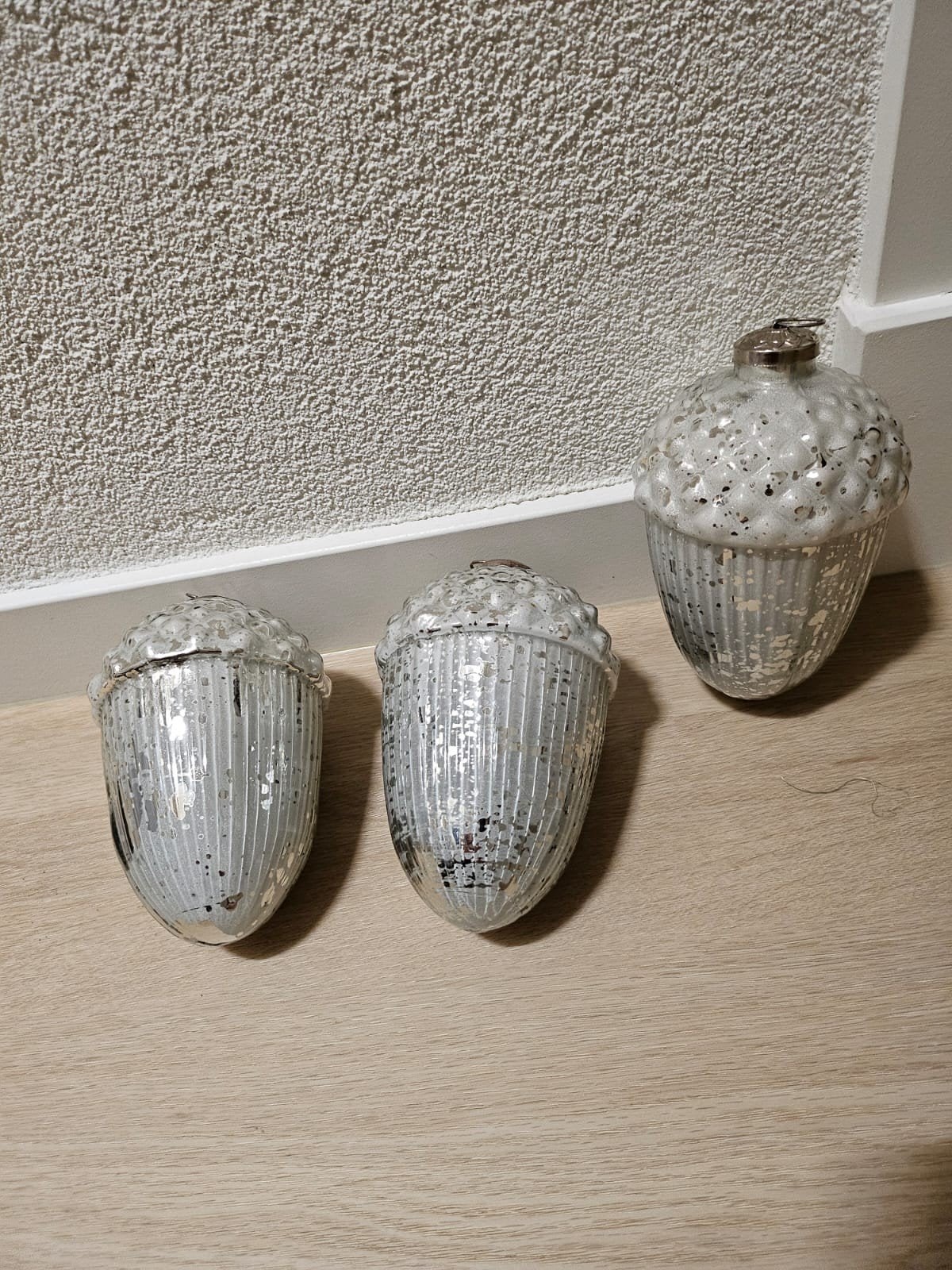 Set van 3 decoratieve eikels, zilverkleurig, 16 cm, Ophalen of Verzenden, Zo goed als nieuw, Zilver, Glas