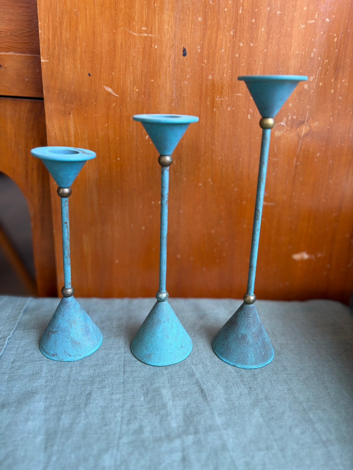 Prachtige set van 3 vintage Memphis stijl kandelaars, Ophalen of Verzenden, Koper of Brons