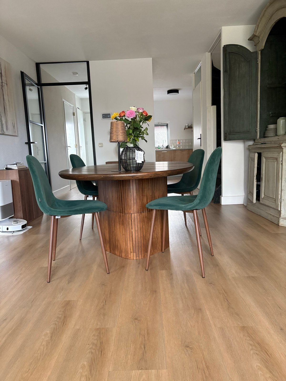 Elegante ovale eettafel met unieke houten voet, Ophalen, Gebruikt, 100 tot 150 cm, 150 tot 200 cm