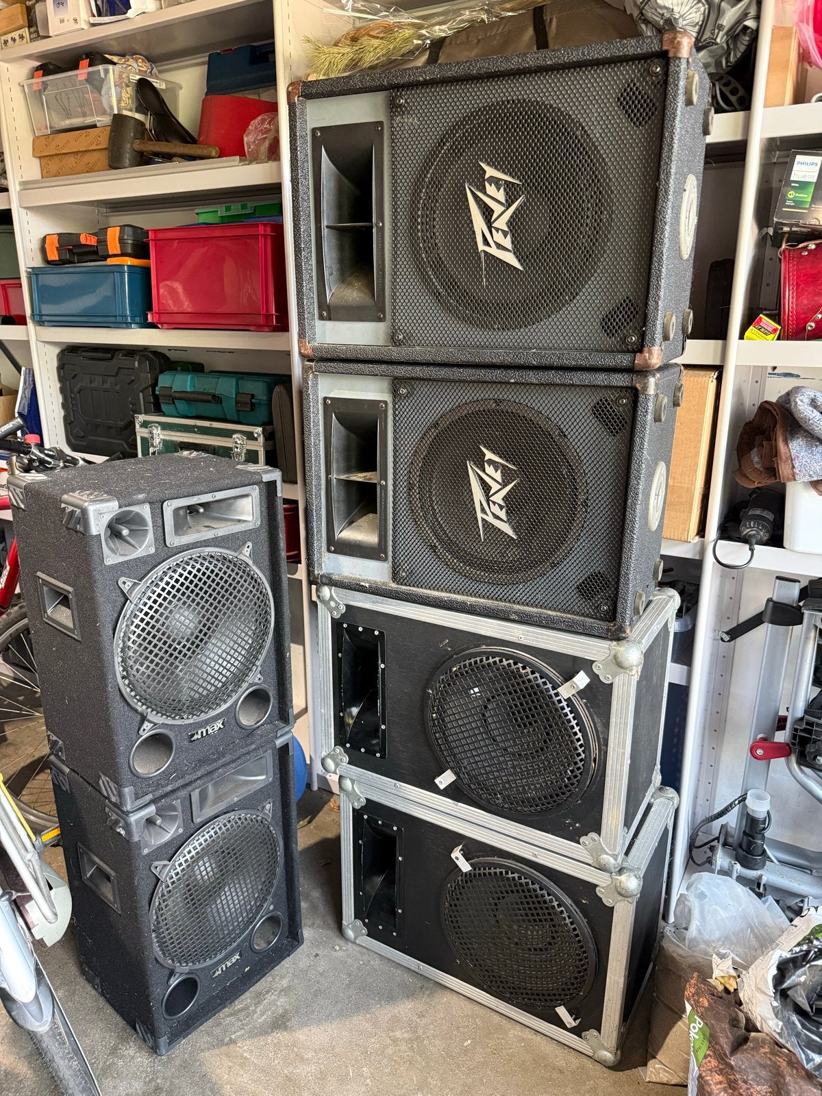 Partij Peavey en Omnitronic PA speakers, Gebruikt, 120 watt of meer, Front, Rear of Stereo speakers, Ophalen
