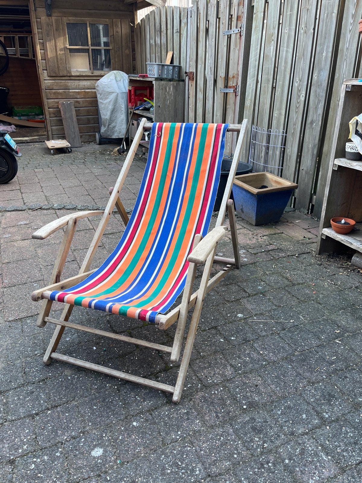 Vintage houten strandstoel - inklapbaar en verstelbaar, Ophalen of Verzenden, Gebruikt, Hout, Inklapbaar