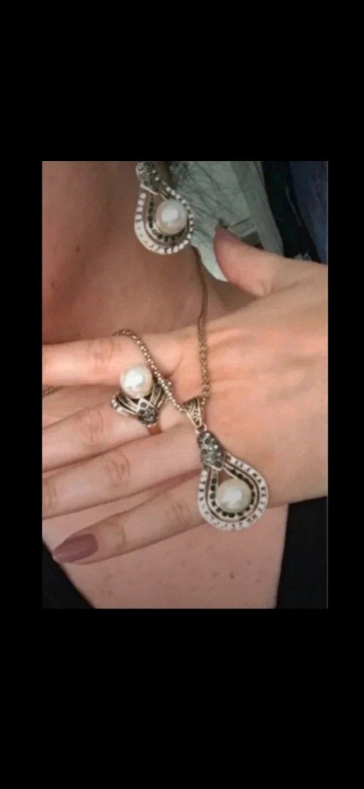 Nieuwe sieradenset: ketting, ring en oorbellen met parels, Ophalen, Overige materialen, Hangers, Met edelsteen