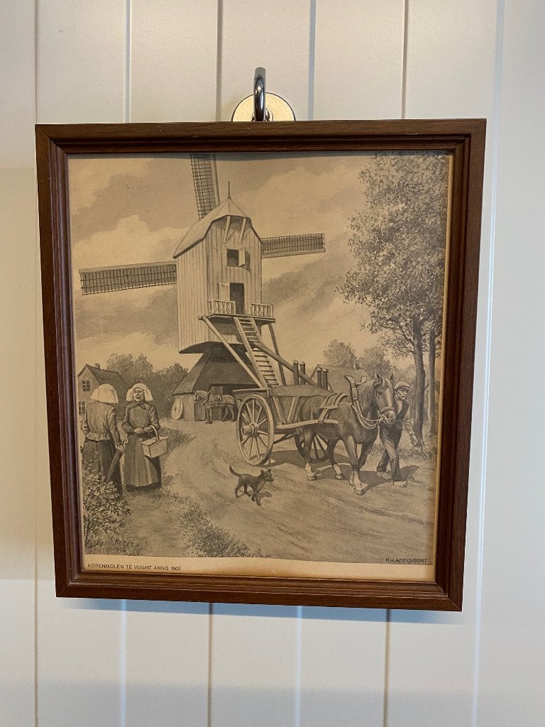 Prent in lijst met glas van Korenmolen te Vught Anno 1900, Ophalen, Minder dan 50 cm, Tekening