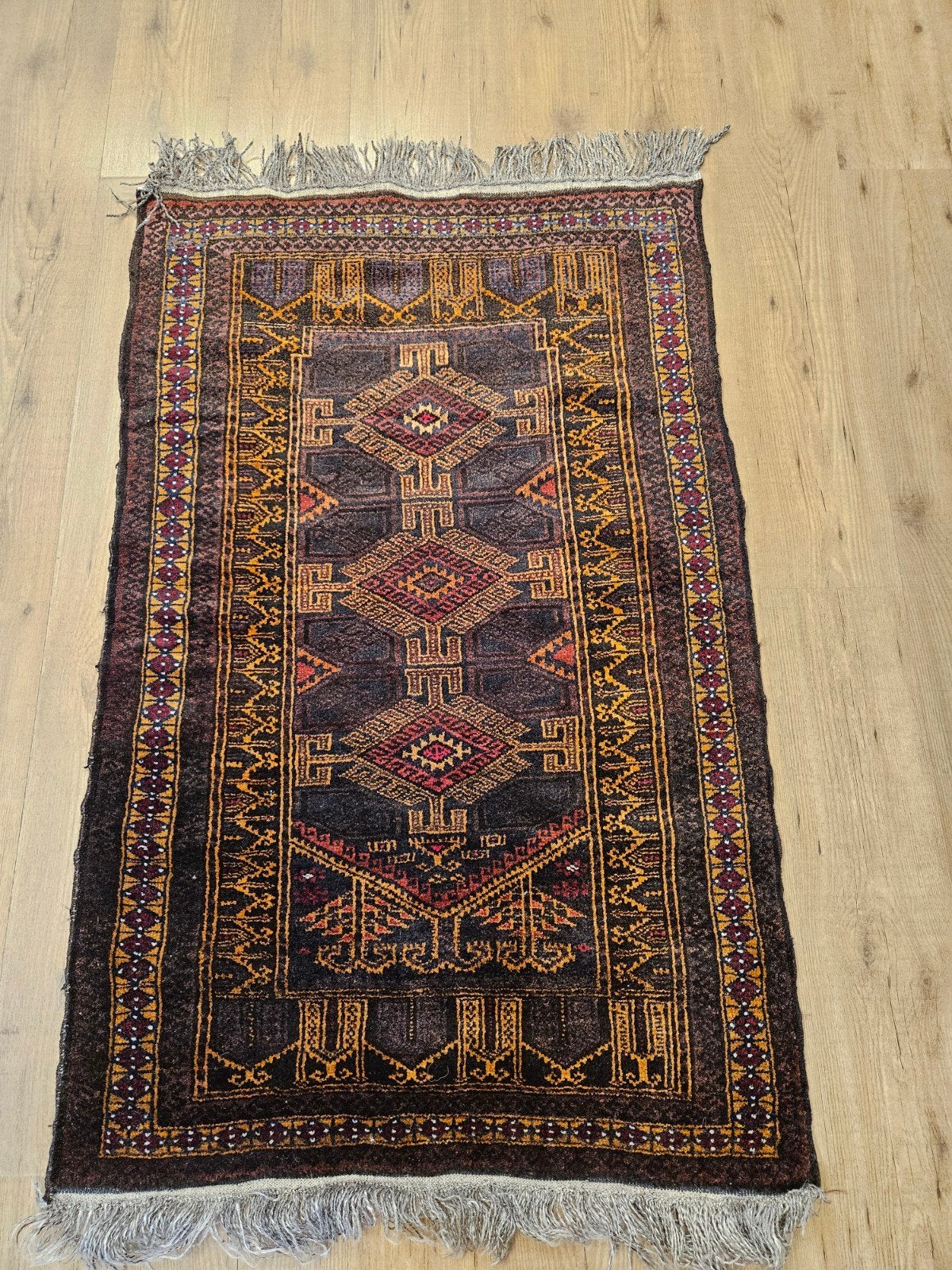 Vintage handgeknoopt perzisch tapijt beloutch 148x88, Info@SlatsAntiek.nl, Tweedehands, 100 tot 150 cm, Geel