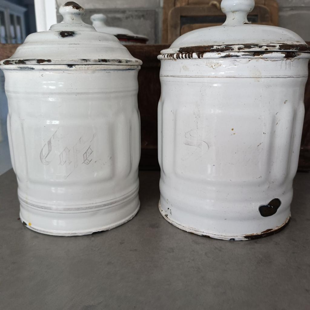 Brocante emaille voorraad bussen, Ophalen of Verzenden