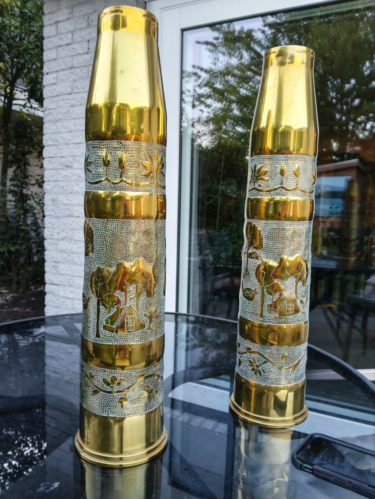 Decoratieve messing granaathulzen uit WOII (set van 2), Ophalen