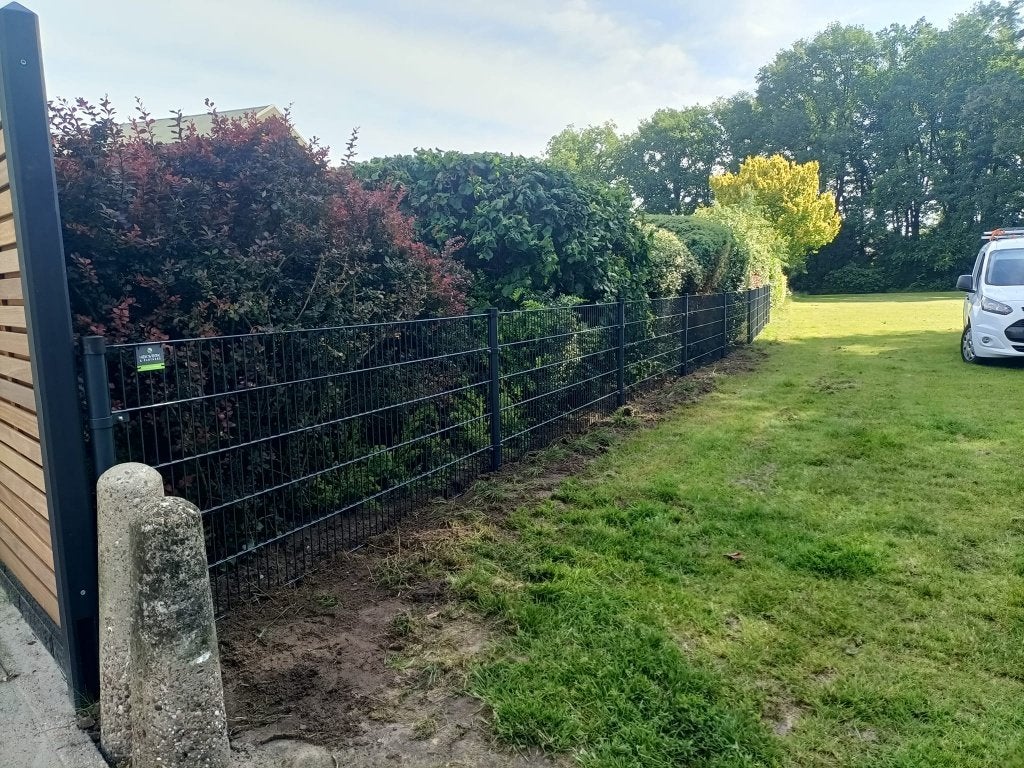 50m 100cm dubbelstaafmat 6/5/6 Grijs + Poort, Met poort, Nieuw, Dubbelstaafmat hekwerk, Ophalen of Verzenden