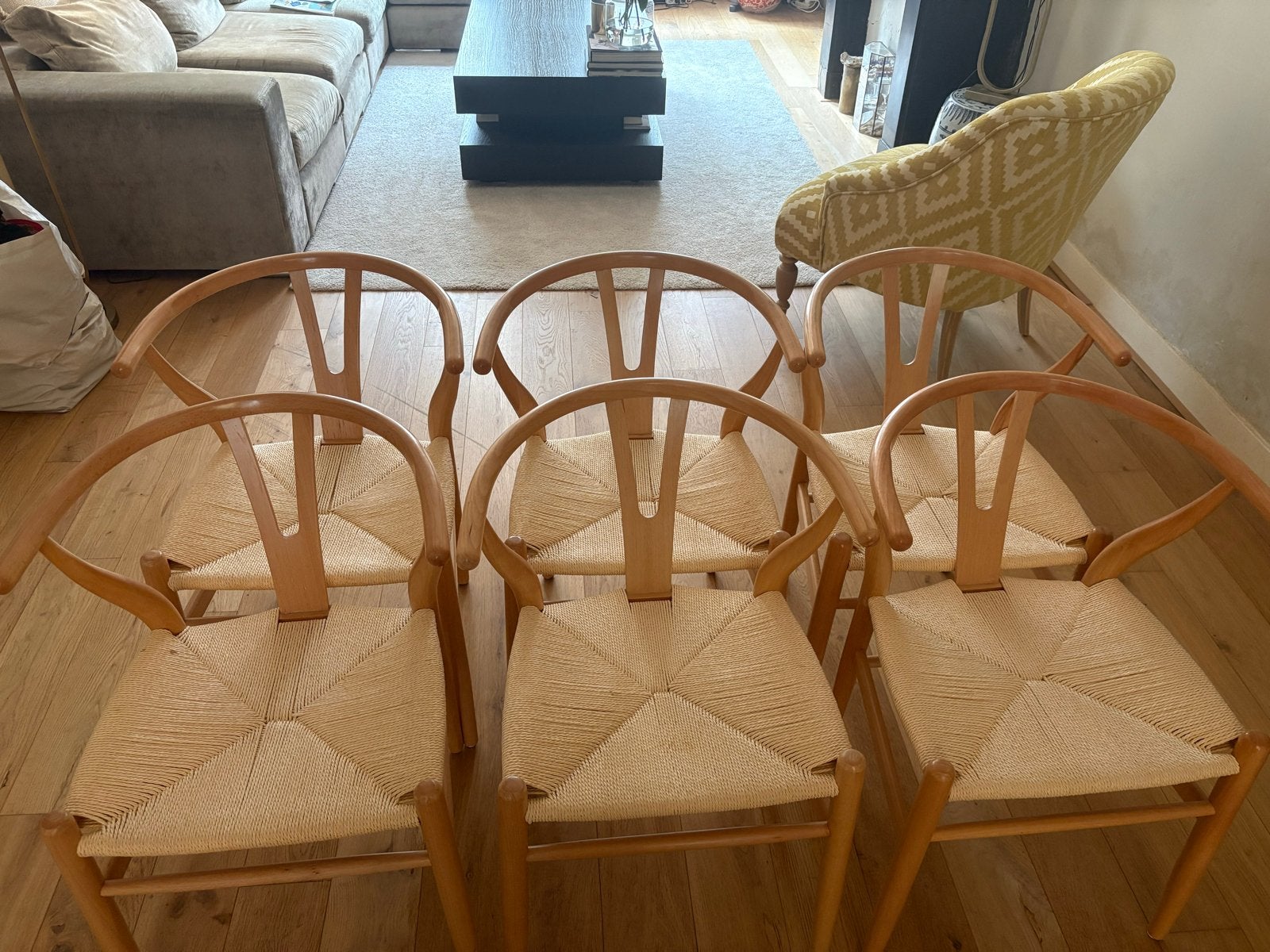 Set van 6 Wishbone stoelen - Hout en Riet, Ophalen, Overige kleuren, Zo goed als nieuw, Vijf, Zes of meer stoelen