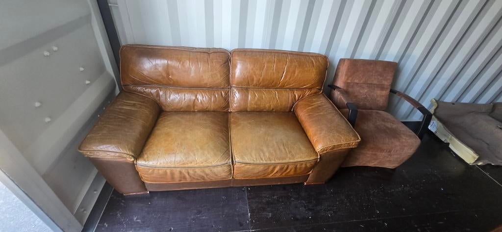 2 Leren Bankstellen en Stoffen Stoel - Gebruikt, Ophalen, Gebruikt, 150 tot 200 cm, Tweepersoons