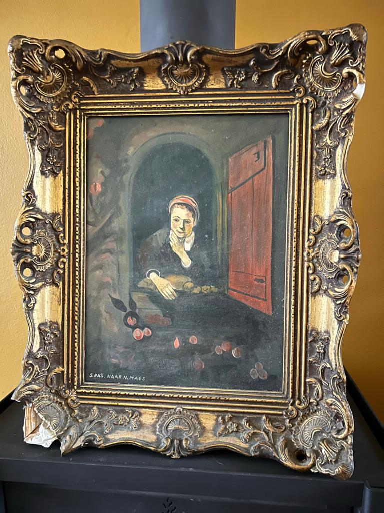 Sfeervol olieverfschilderij "Naar Nicolaes Maes" door S. Ras, Ophalen of Verzenden