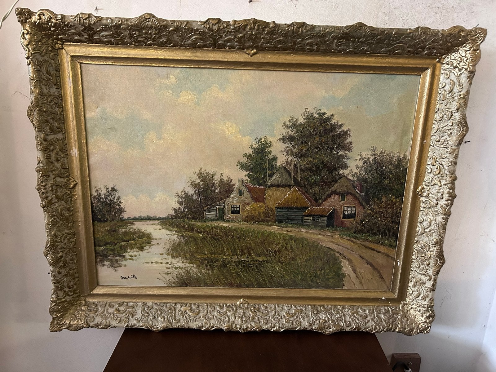 Gesigneerd Olieverfschilderij Toon Güth Prachtige Goudlijst, Ophalen of Verzenden, Bijzondere lijst, Olieverf, Landschap