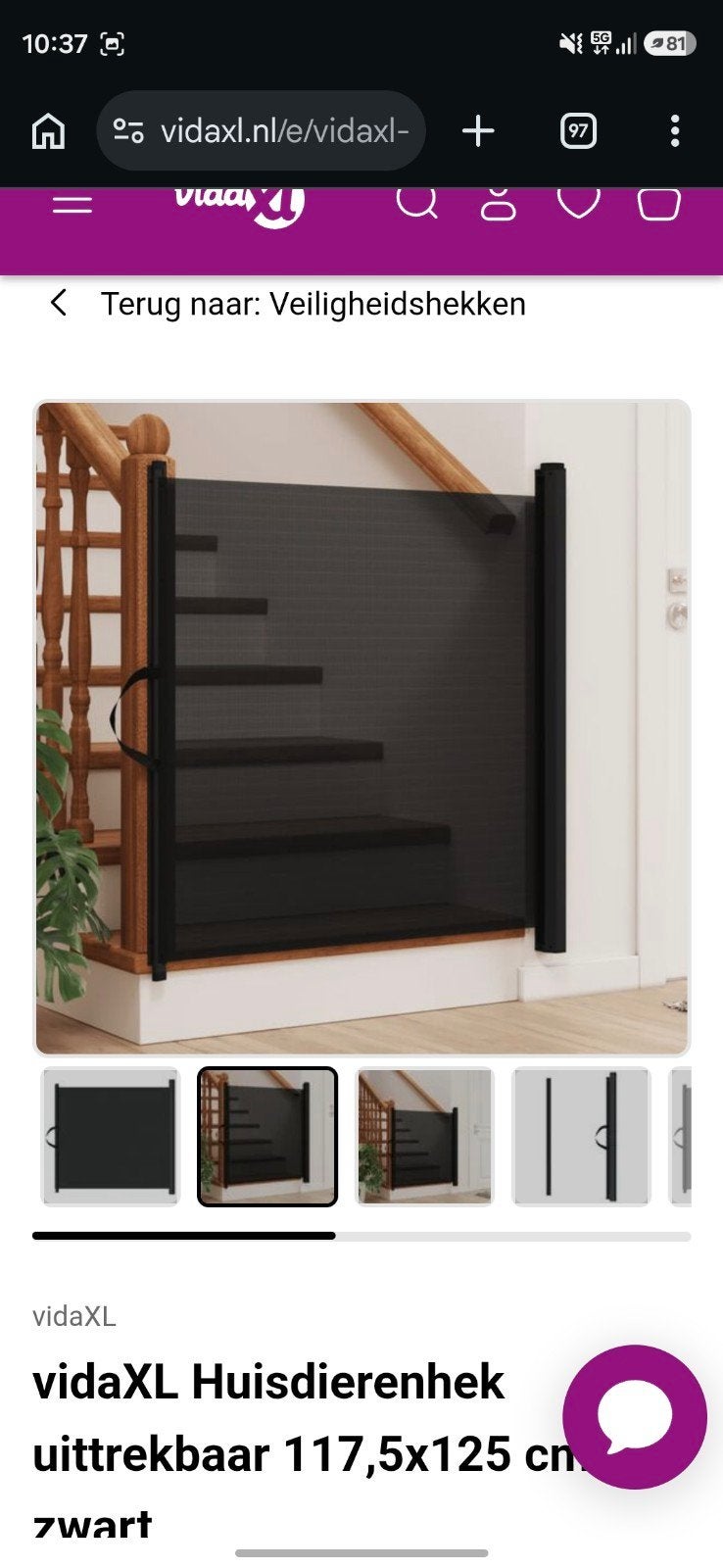 vidaXL Huisdierenhek traphek uittrekbaar 117,5x125 cm zwart, Ophalen, Overige materialen, Nieuw, Oprolhekje