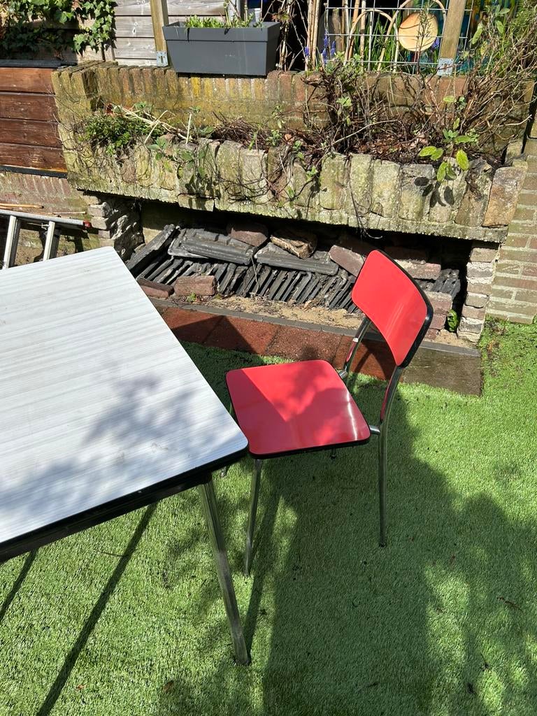 Retro eetkamer of keukenset, tafel en 2 stoelen, Huis en Inrichting, Tafels | Eettafels, Ophalen, Kunststof, Gebruikt, 50 tot 100 cm