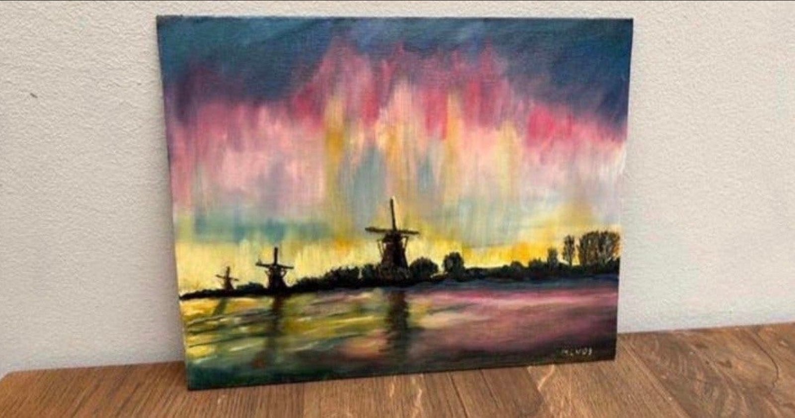 Olieverf Schilderij Noorderlicht Kinderdijk 24x30 cm, Ophalen, Doek, Impressionistisch, Olieverf
