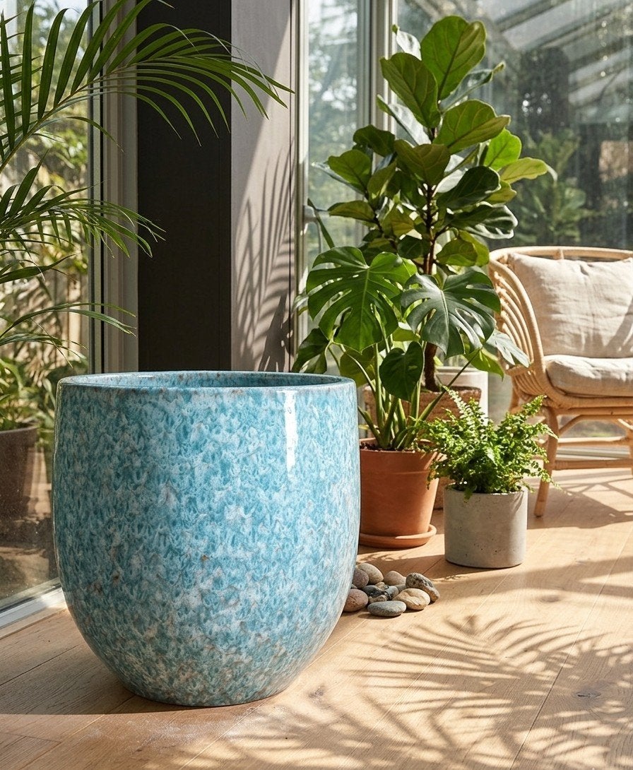 Turquoise bloempot met unieke textuur D binnen 29cm, Rond, Zo goed als nieuw, Minder dan 40 cm, Balkon
