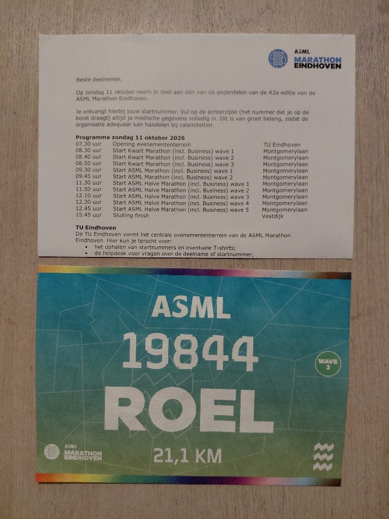 Ticket / Startbewijs ASML Halve Marathon Eindhoven 2026, Eén persoon, Oktober