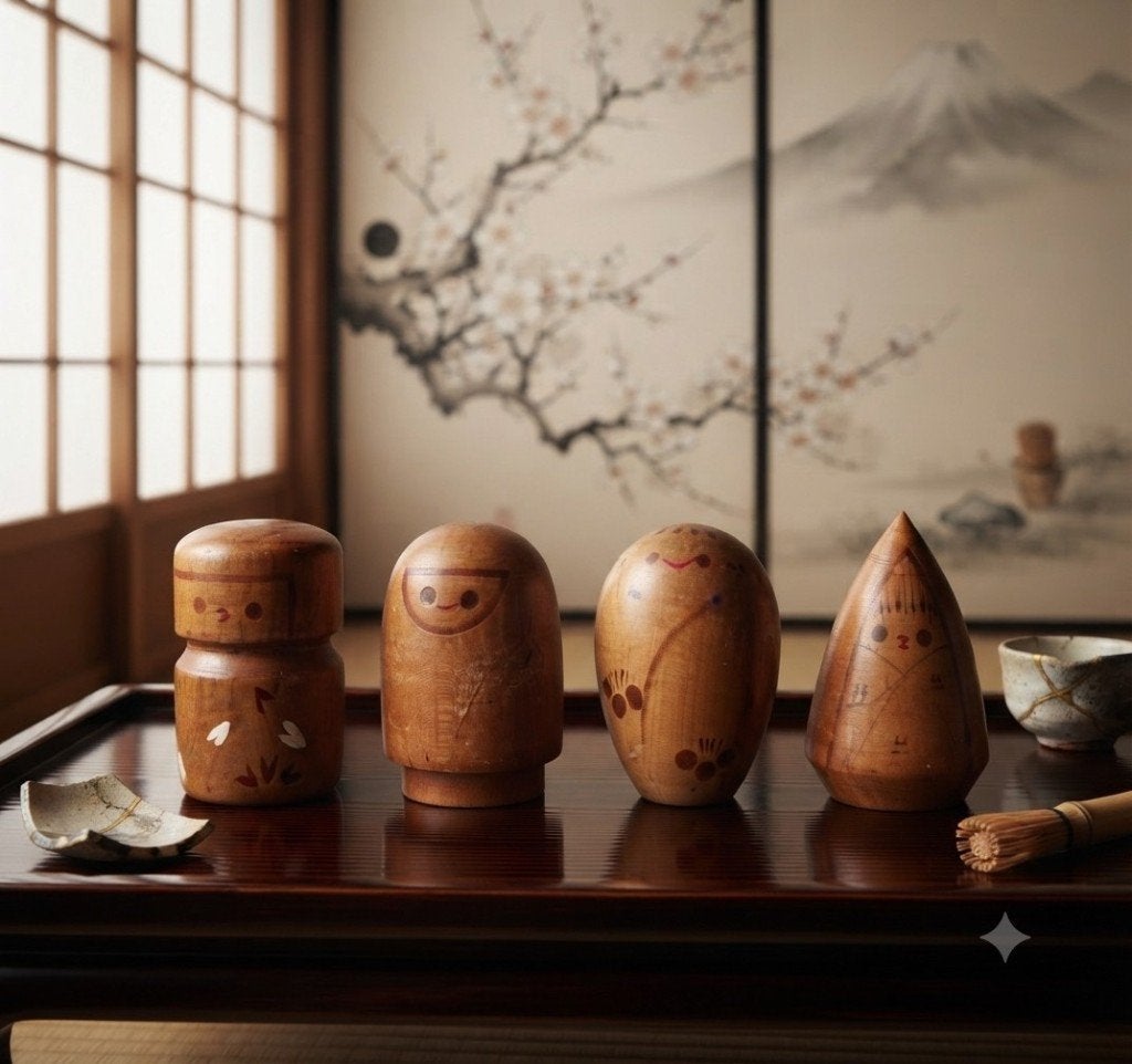 Complete set Kokeshi's van Ryoichi Funayama, Hout, Verzenden, 4 cm, Japan