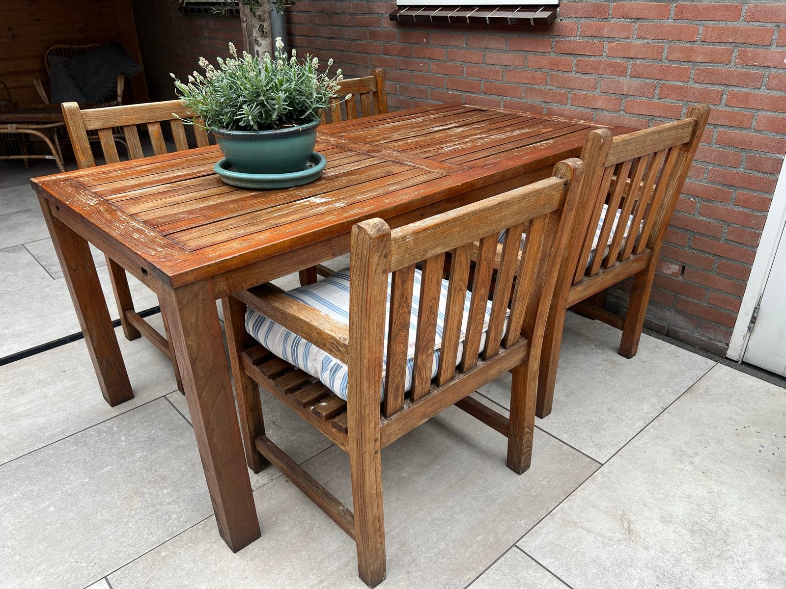 Teakhouten tuinset met 4 stoelen en tafel, Ophalen, Gebruikt, Rechthoekig, Teakhout