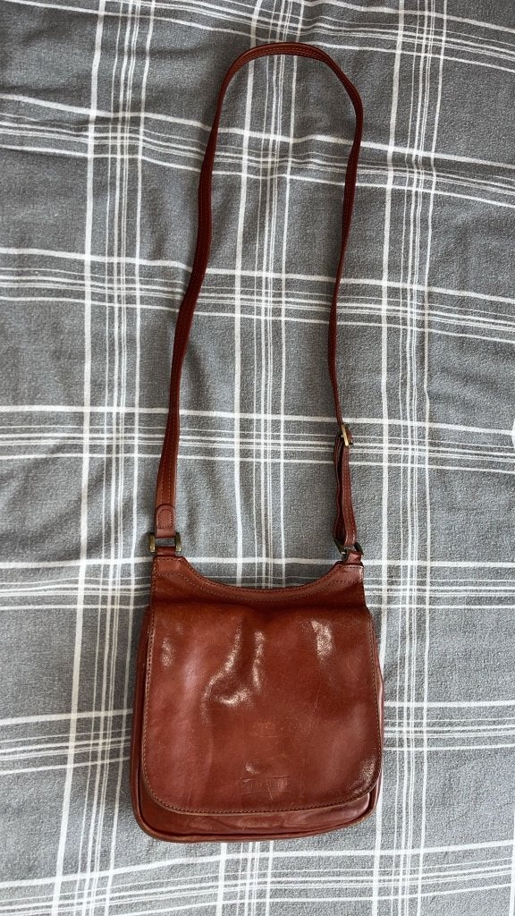 Texier Bruin Leren Flap Bag – Vintage Tas-049, Sieraden, Tassen en Uiterlijk, Tassen | Damestassen, Verzenden, Gebruikt, Bruin