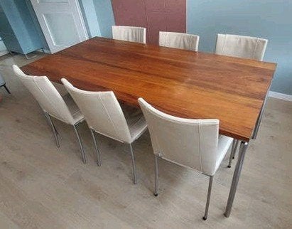 Bert Plantagie eettafel (massief notenhout) met 6 leren stoe, Ophalen, Gebruikt, 50 tot 100 cm, Vijf personen of meer