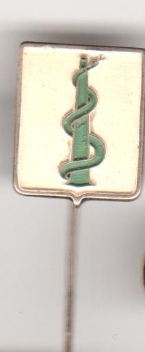 Apotheek of esculaap groen-wit metaal. vintage speld, Verzenden, Zo goed als nieuw, Transport