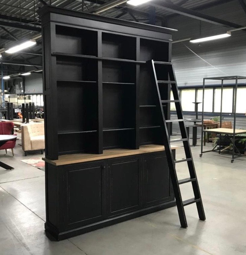 Grote Zwarte Boekenkast met Ladder - Landelijke Stijl, Ophalen, Gebruikt, 200 cm of meer, 150 tot 200 cm