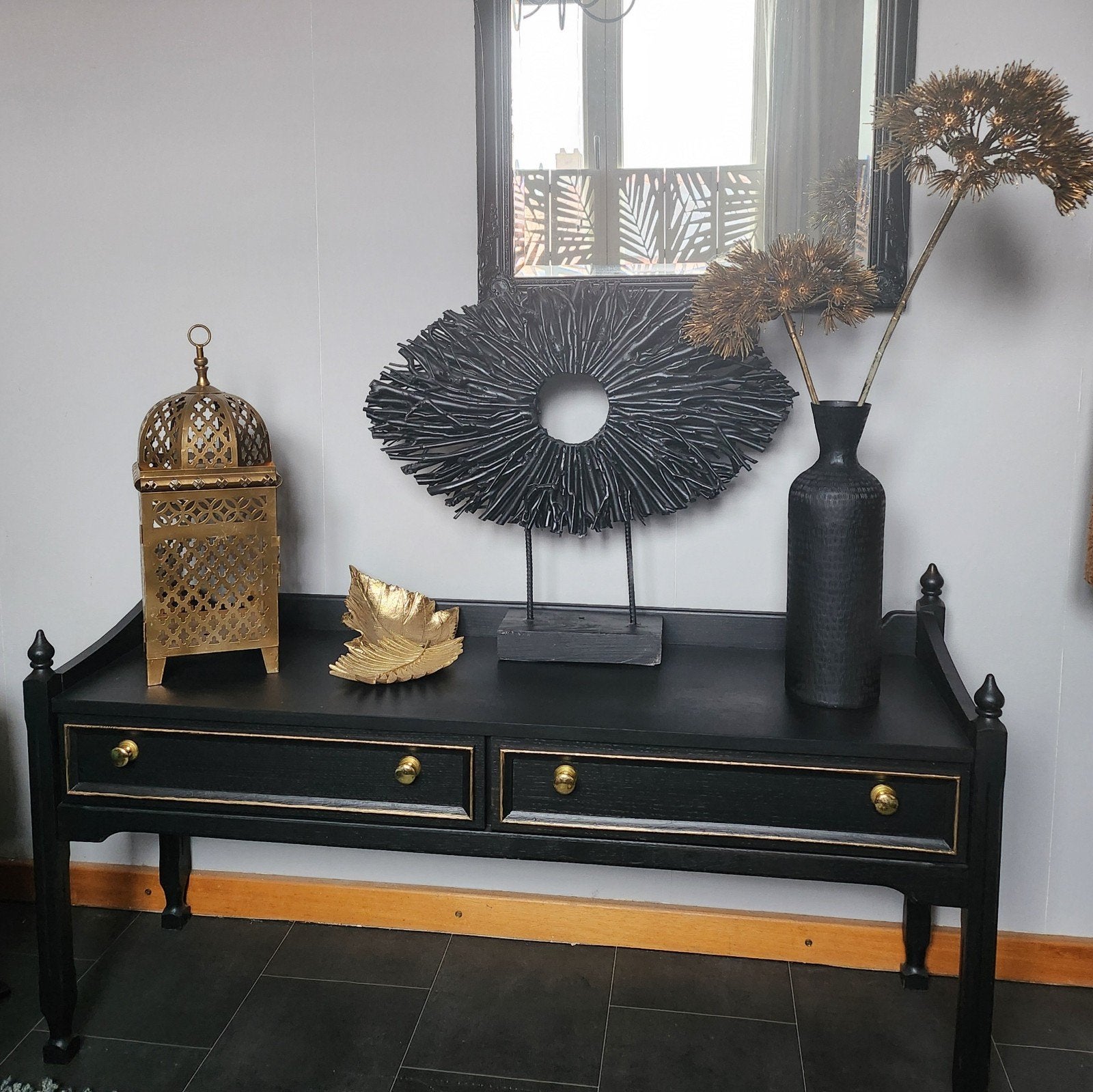 Side table  of tv meubel met geslepen spiegel en alle decora, Ophalen, 100 tot 150 cm, Eikenhout, Zo goed als nieuw
