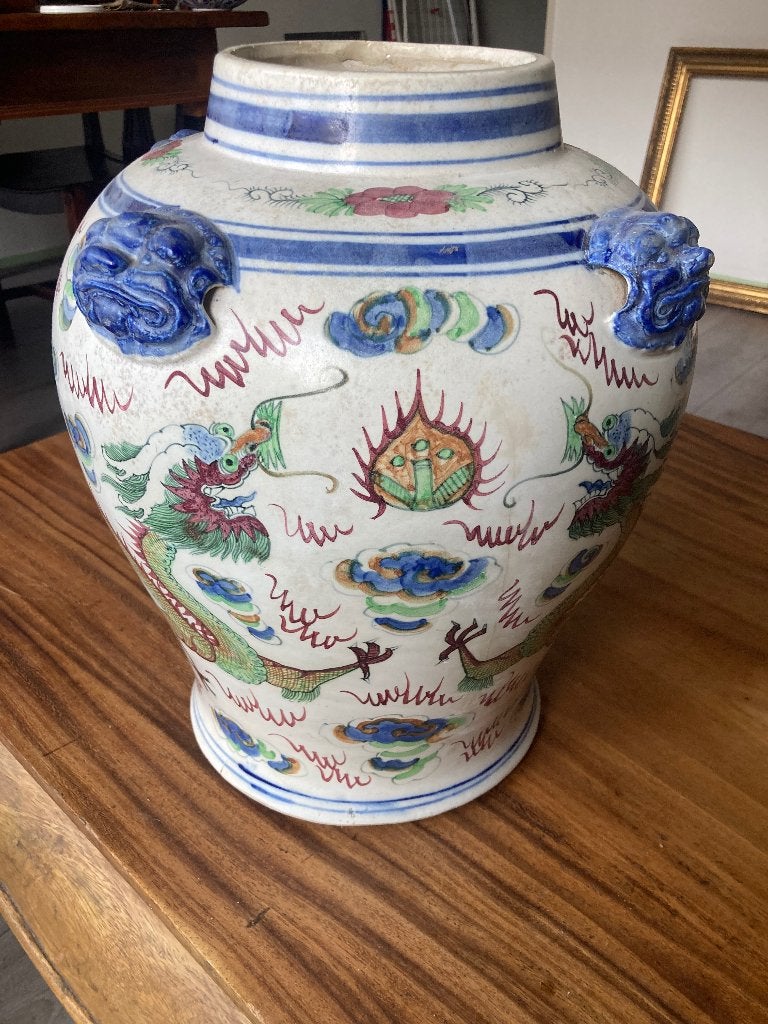 Grote Chinese vaas aardewerk draken dragon jar foodogs wucai, Ophalen, Steen/keramiek, Beige, 39 cm