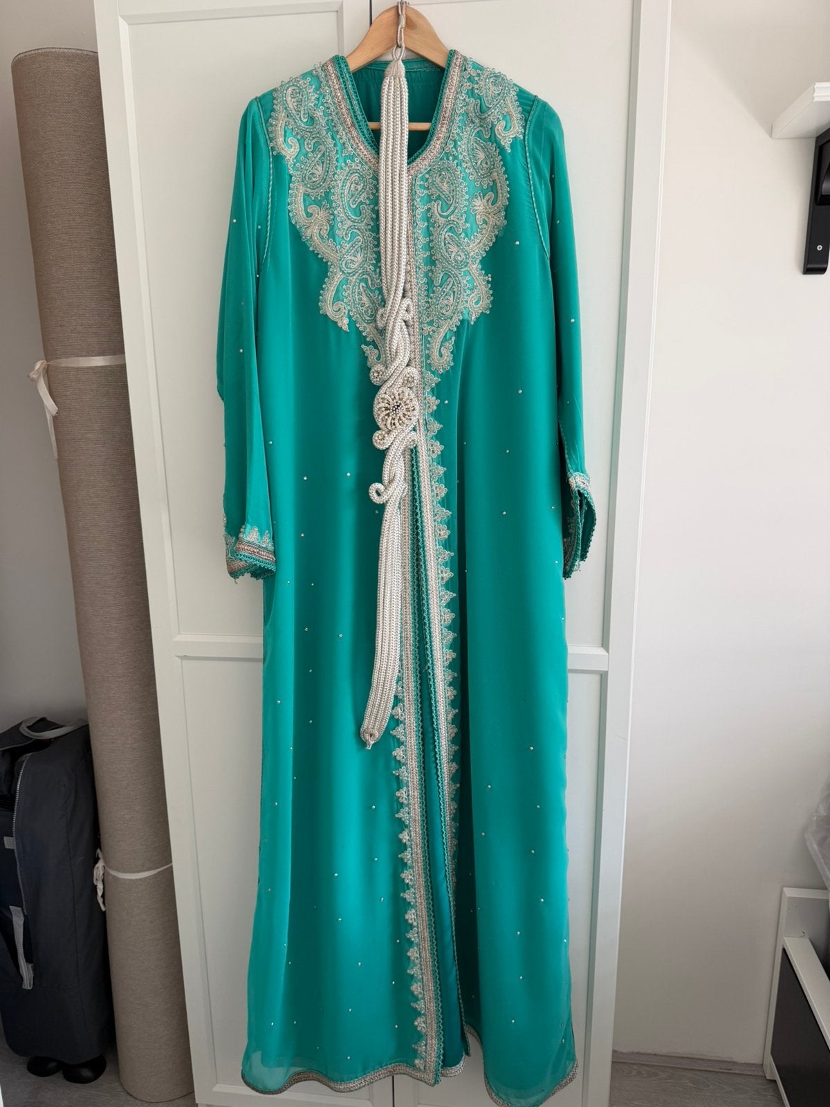 Turquoise takshita (marokkaanse jurk), Kleding | Dames, Ophalen of Verzenden, Zo goed als nieuw, Blauw, Overige typen
