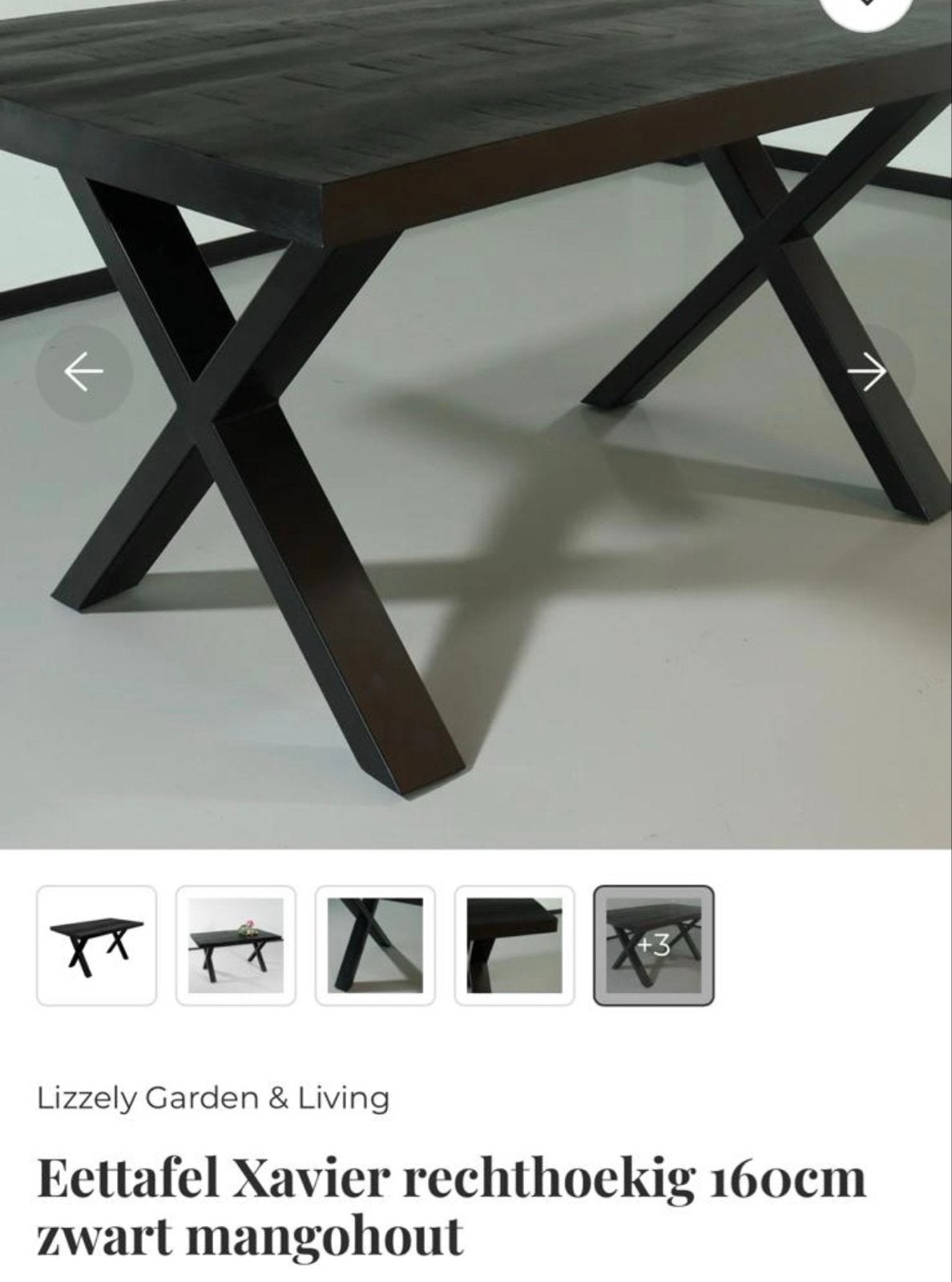Eettafel Xavier rechthoekig 160cm zwart mangohout, Huis en Inrichting, Ophalen, 50 tot 100 cm, Zo goed als nieuw, 150 tot 200 cm