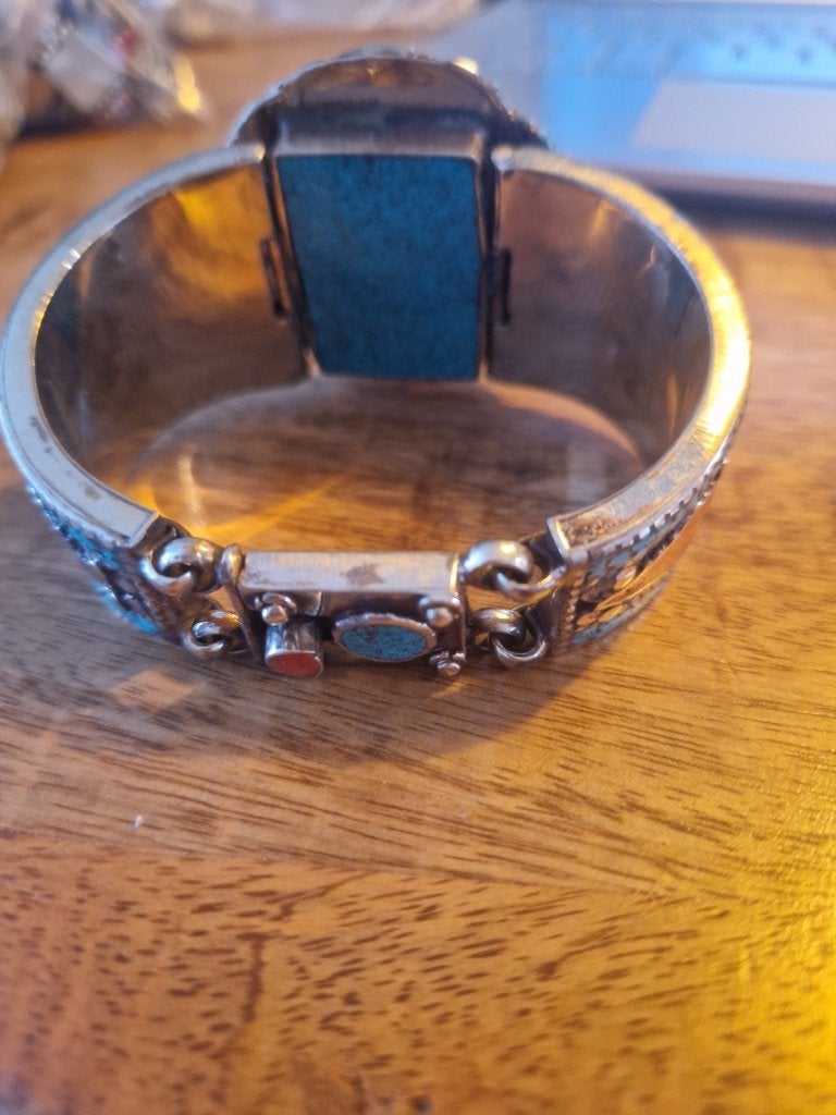 Tibetaanse armband met bloem van barnsteen, turquoise, spons, Ophalen of Verzenden, Zilver, Armband, Met edelsteen