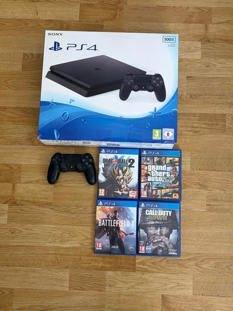PS4 slim 500GB met 1 controller en 4 games, Ophalen of Verzenden, Met 1 controller, Slim, 500 GB
