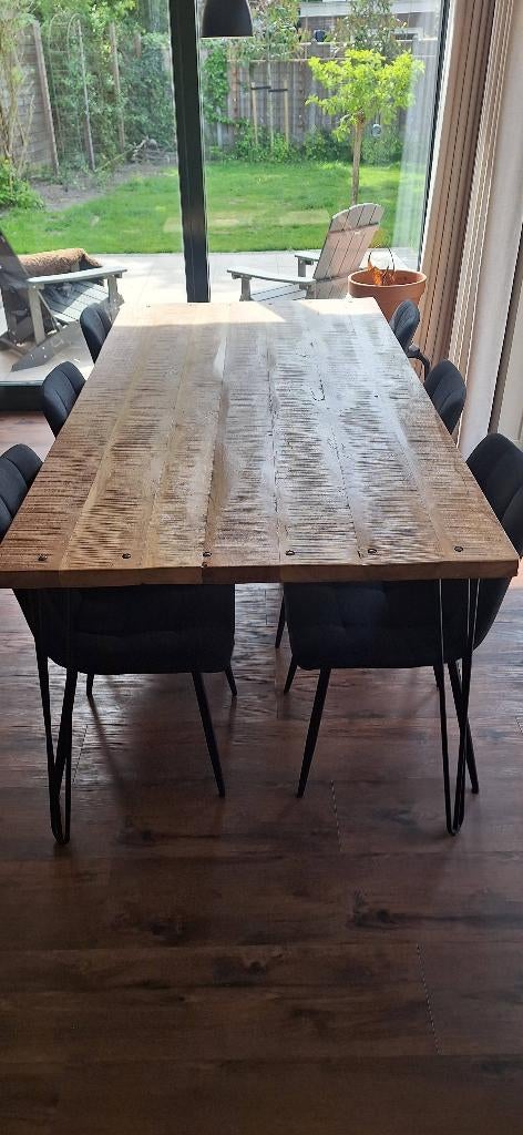 Eettafel houten blad met hairpin poten 6-8 personen, Ophalen, Rechthoekig, 200 cm of meer, 50 tot 100 cm