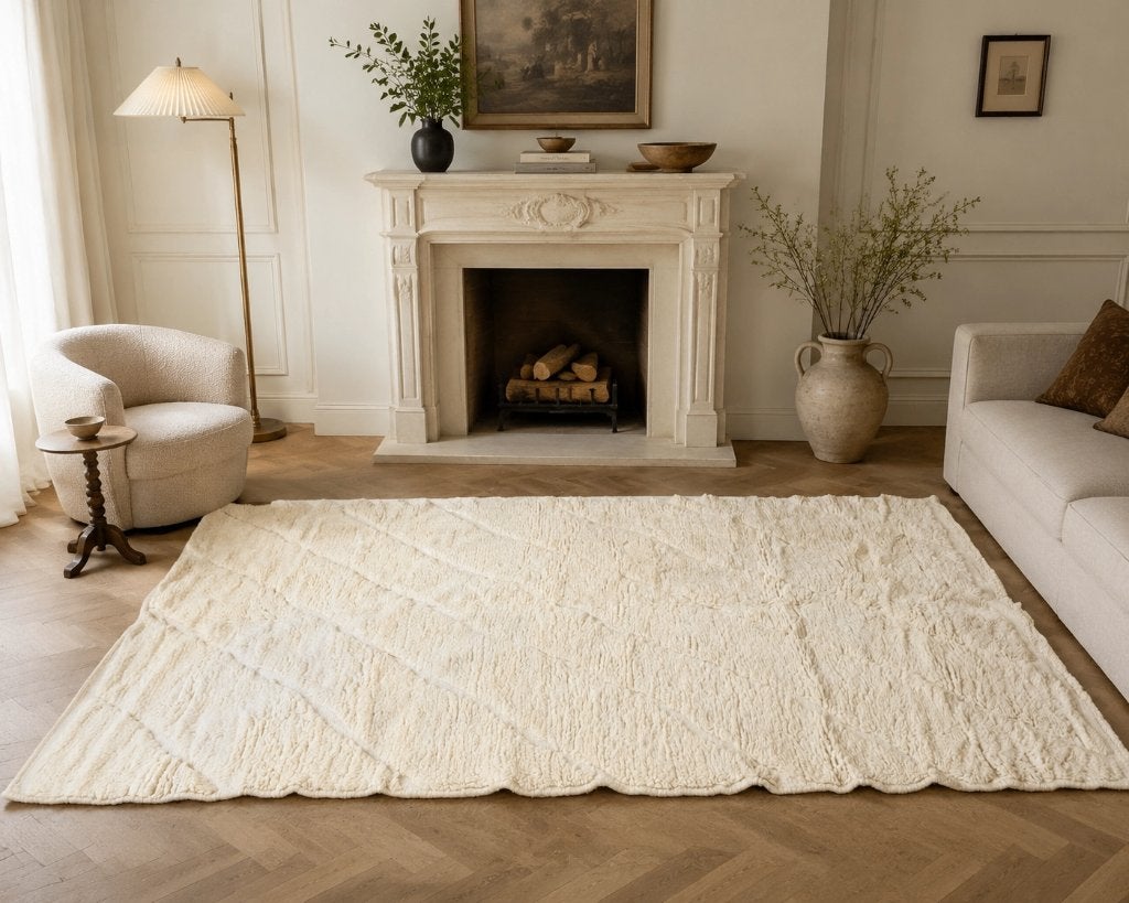 Marokkaanse witte schapenwollen tapijt, 150 tot 200 cm, Ophalen of Verzenden, Crème, Rechthoekig