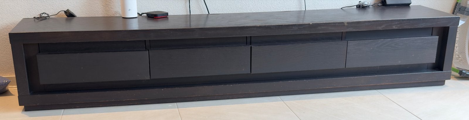 Donkerbruin TV-meubel met 4 lades, Ophalen, Gebruikt, Eikenhout, 200 cm of meer