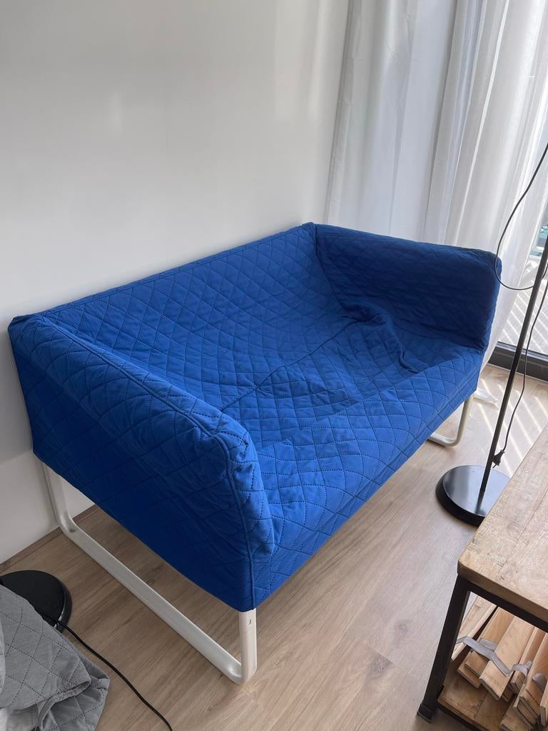 Blauwe tweepersoonsbank met afneembare hoes, Ophalen, Eenpersoons, Wit, 140 cm