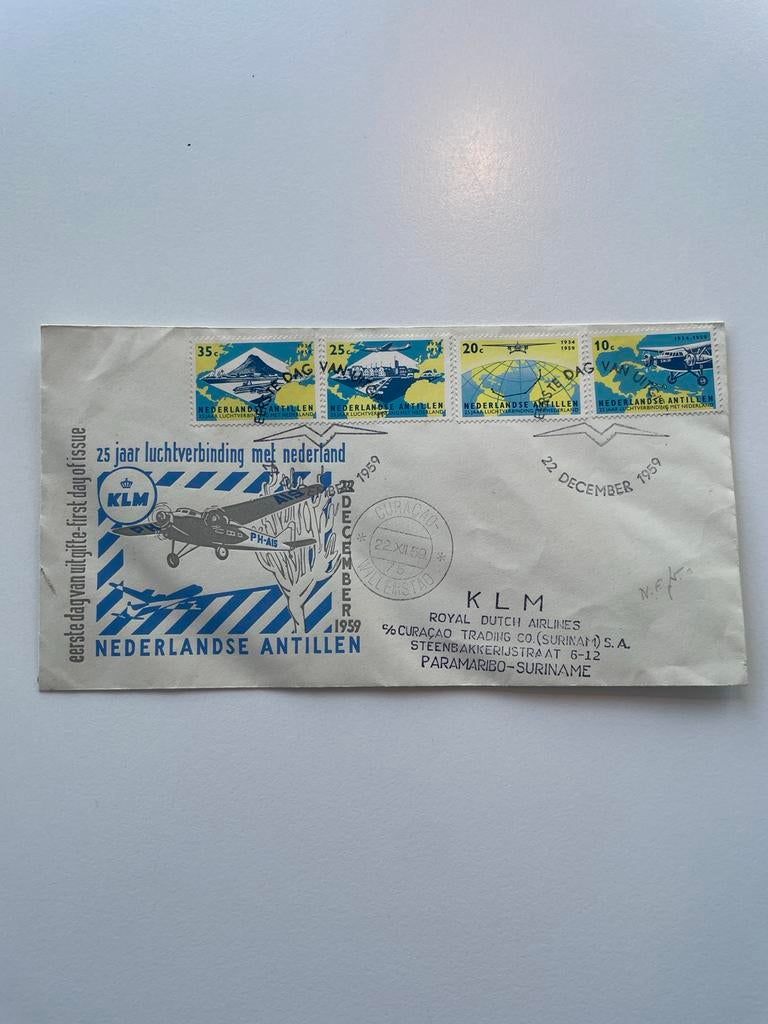 FDC Nederlandse Antillen 1959 - 25 jaar luchtverbinding KLM, Postzegels en Munten, Postzegels | Eerstedagenveloppen, Ophalen of Verzenden