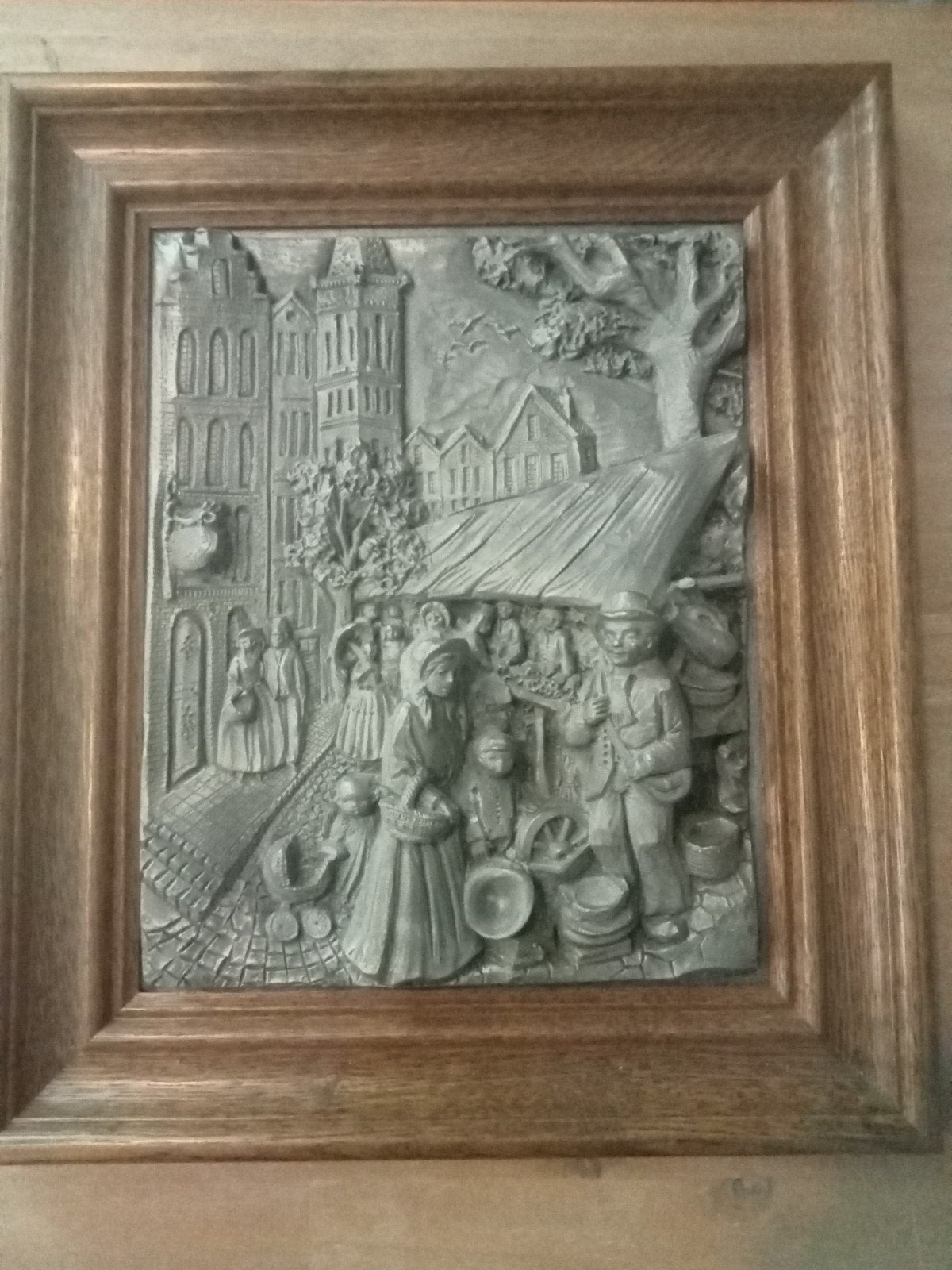 Heinrich Relief: Tinnen Stadsgezicht in Houten Lijst, Ophalen of Verzenden