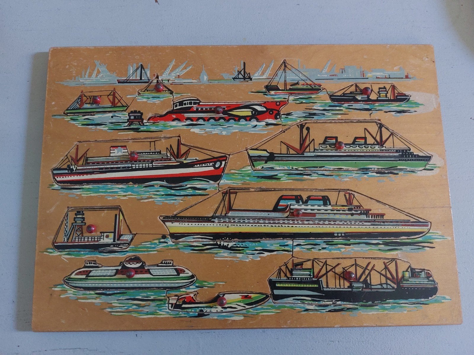 Vintage houten puzzel met boten - 30 x 21 cm, Ophalen of Verzenden, Gebruikt, Jongen of Meisje