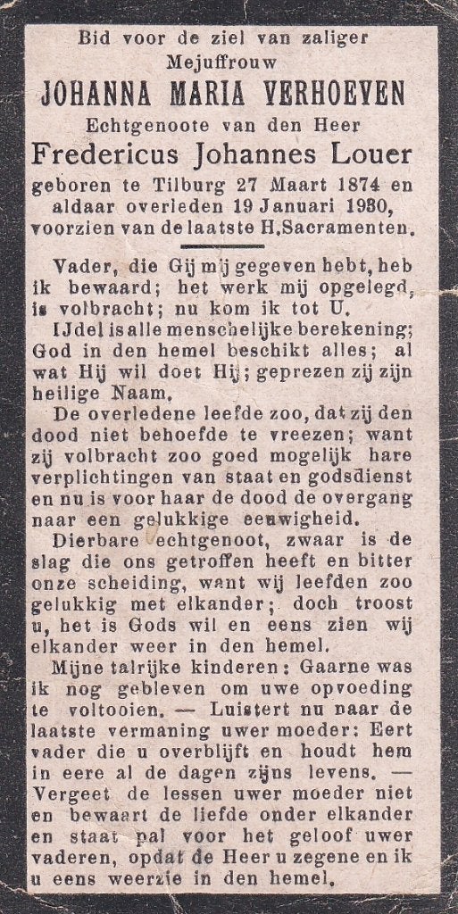 Verhoeven Johanna 1874 Tilburg 1980, Verzamelen, Bidprentjes en Rouwkaarten, Ophalen of Verzenden, Bidprentje