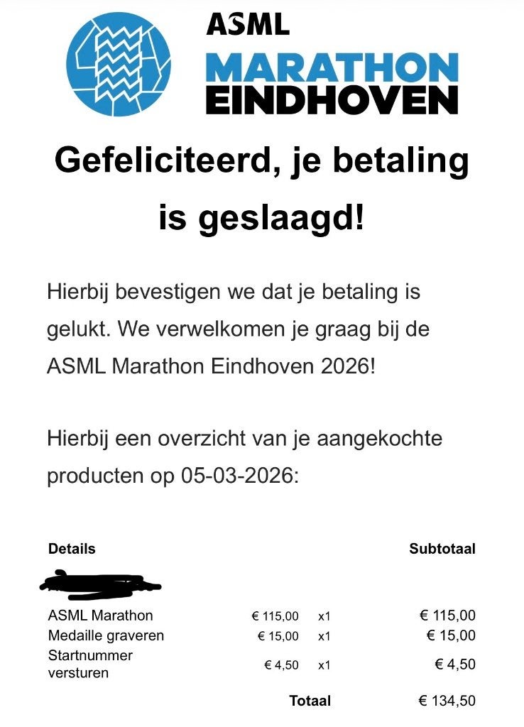 Ticket ASML hele marathon Eindhoven inclusief graveren, Eén persoon
