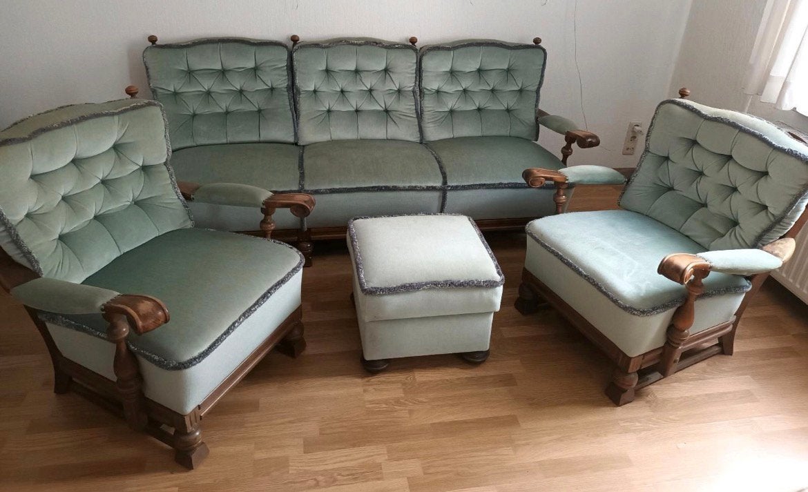 Vintage bankstel, stoelen, bank, fauteuils velours izgs, Antiek en Kunst, Ophalen