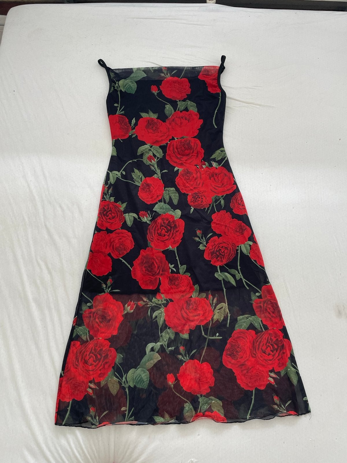 Zwarte rozenprint jurk met split maat M, Zwart, Ophalen of Verzenden, Zo goed als nieuw, Maat 36 (S)
