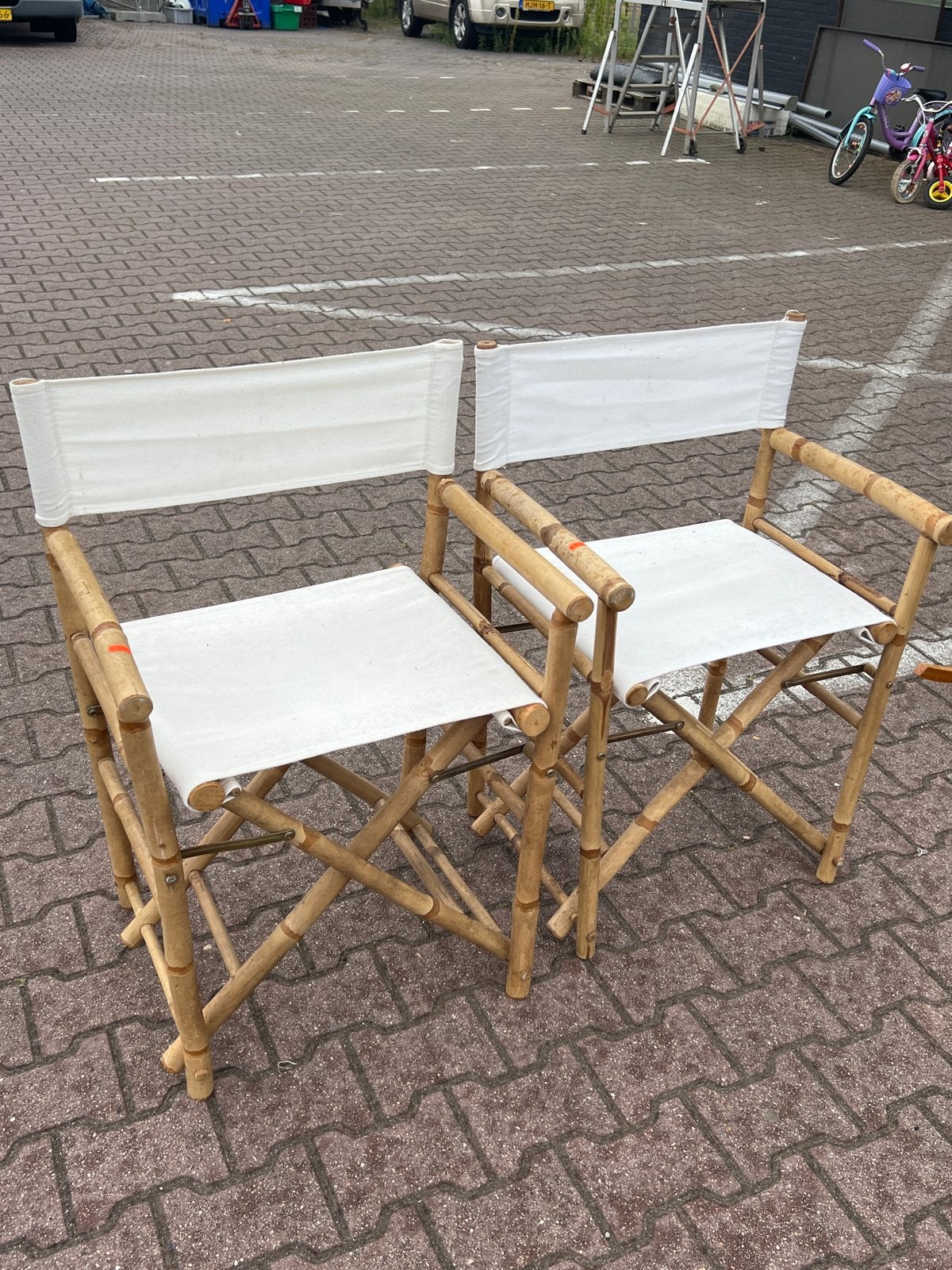 2 inklapbare regisseursstoelen van bamboe en canvas, Huis en Inrichting, Stoelen, Ophalen, Gebruikt, Twee, Wit