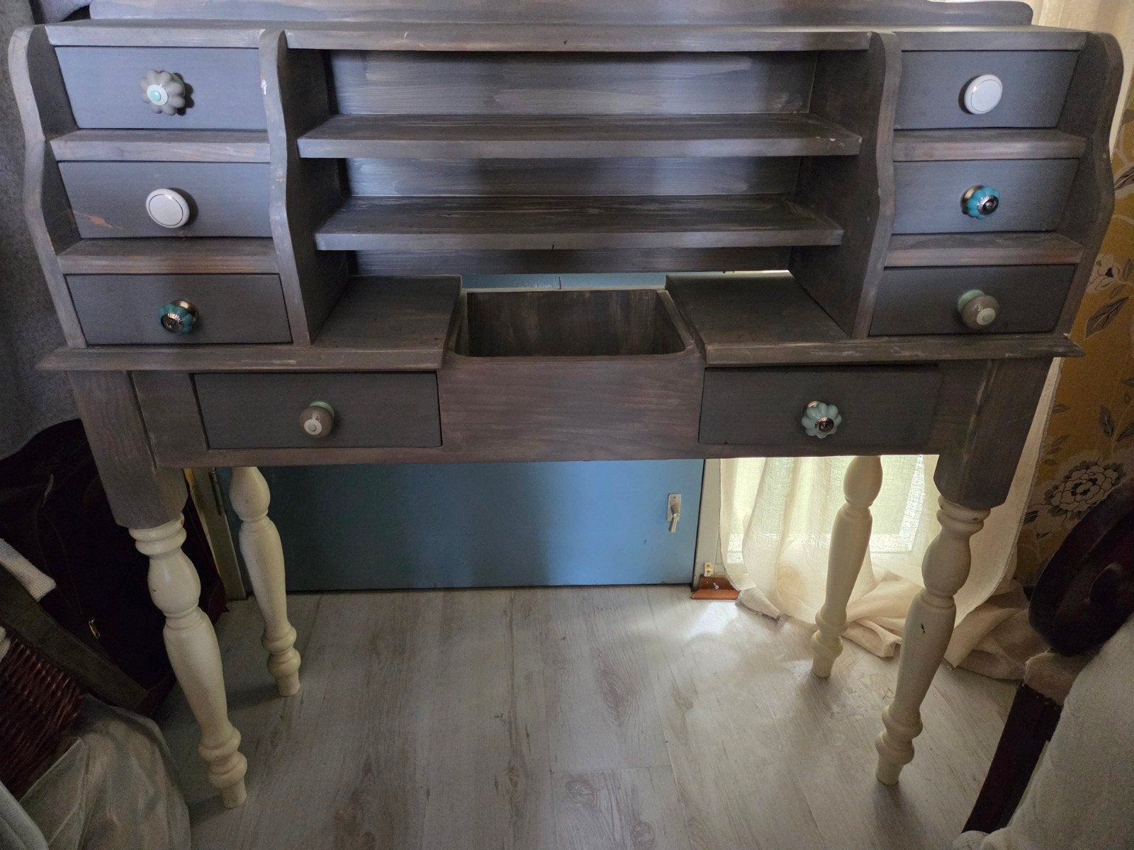 Lichtblauw met witte pootjes side-table ladekastje ondiep, Ophalen of Verzenden, 25 tot 50 cm, 50 tot 100 cm, Minder dan 100 cm
